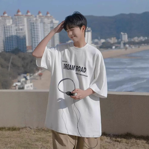 Men's Summer American Retro Coffee Short-Sleeve T-Shirt with Letter Print Loose Trendy Streetwear Casual Half-Shirt