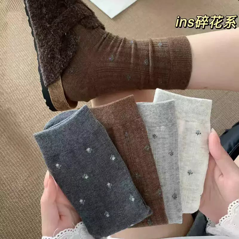 复古碎花袜子女中筒袜ins潮秋冬季日系暗纹配勃肯鞋堆堆无骨长袜