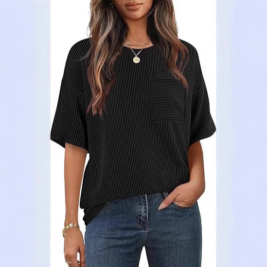 cross-border European And American Women's Summer Short-sleeve Pocket Top, Oversized Round-neck Textured Casual_ecoleips.com