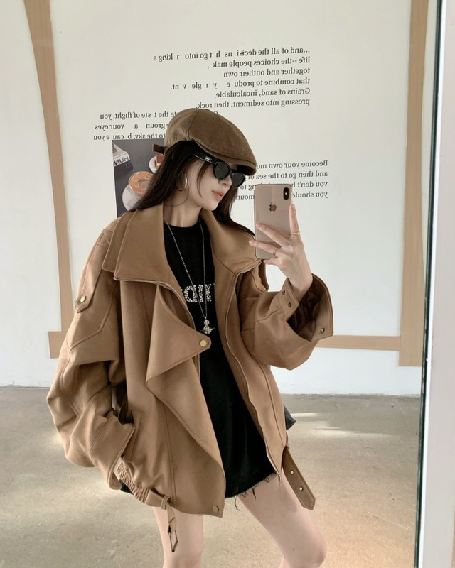 美式复古高级感麂皮绒外套2025秋季新款宽松休闲夹克机车服上衣女|undefined