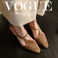 方頭細跟側空中跟性感後空真皮包頭涼鞋2024年春季新款時裝女鞋