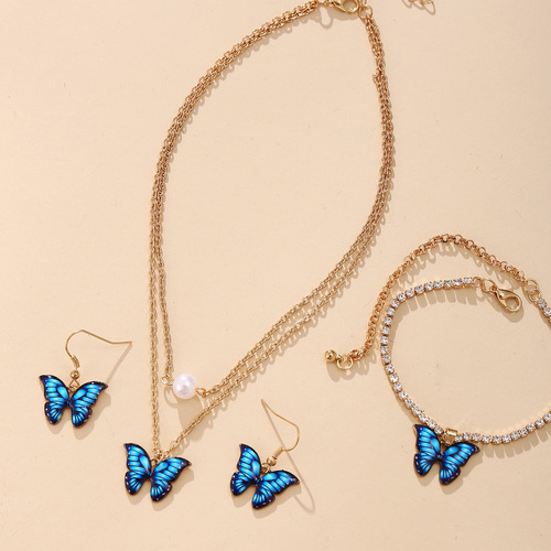 European and American cross-border hot-selling butterfly pendant jewelry set 3-piece creative earrings necklace bracelet combination set