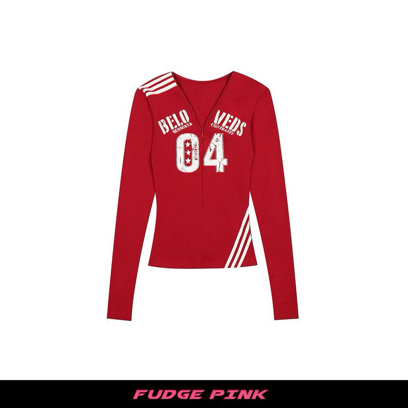Fudge Pink 25秋季新款美式复古辣妹撞色个性设计长袖T恤|undefined