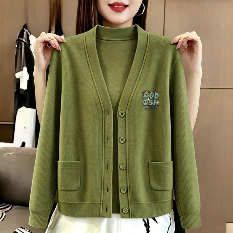 Versatile, trendy, and elegant V-neck long-sleeve printed cardigan top for women, a new spring/autumn knitwear style