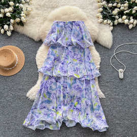 跨境浪漫法式氛围感抹胸连衣裙女度假风不规则荷叶边无袖宽松雪纺