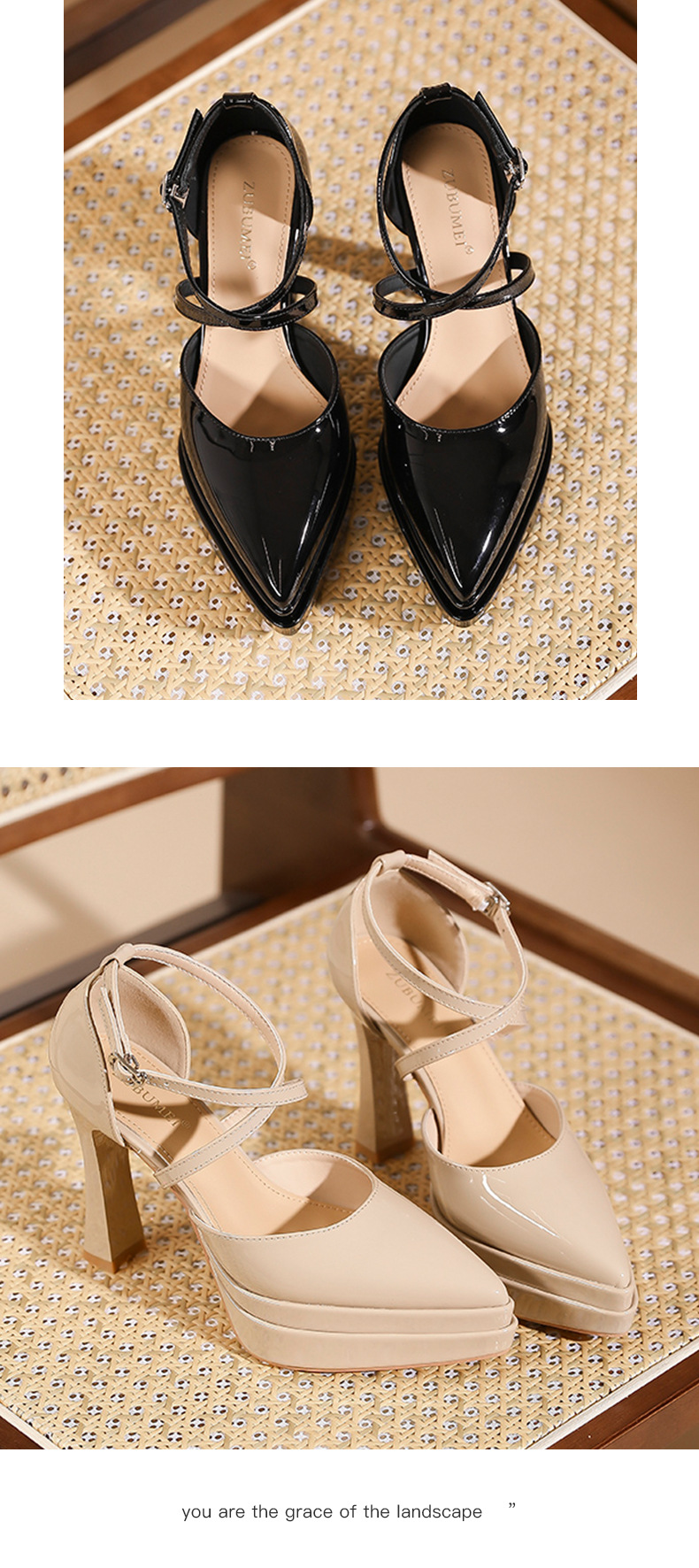 Sandal cao gót nữ mũi nhọn quai chéo đế platform gót 11 cm — Màu nude - 11cm chi tiết 8