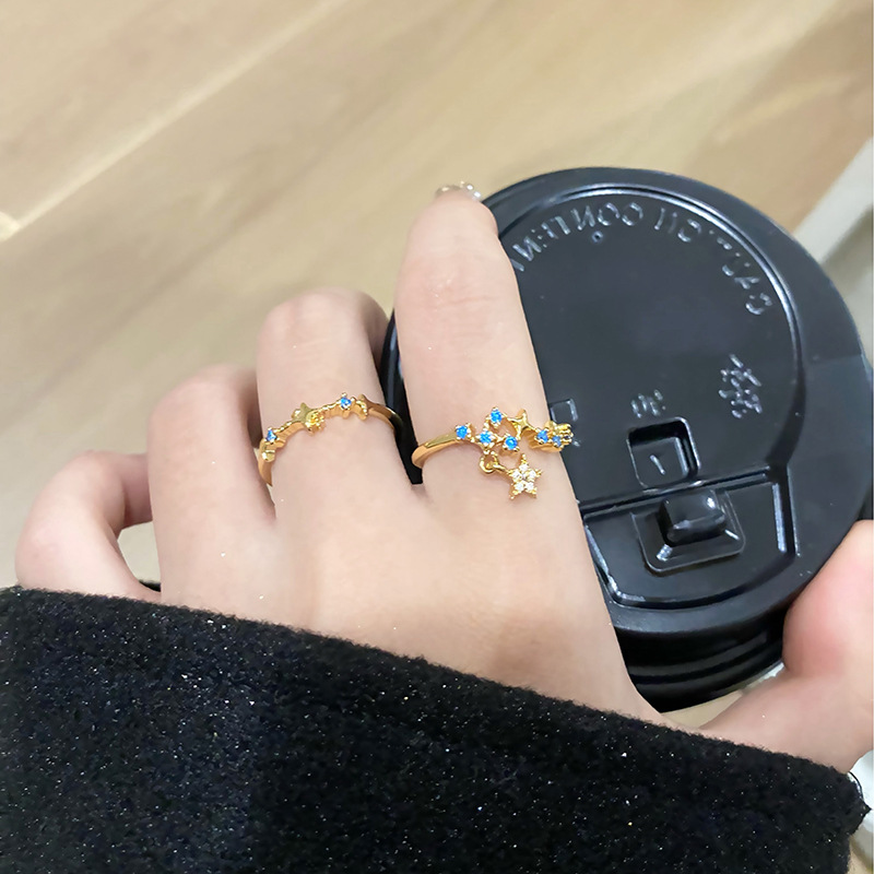 復古輕奢個性沙金藍色星星流蘇開口戒指女精緻極簡食指戒小眾配飾