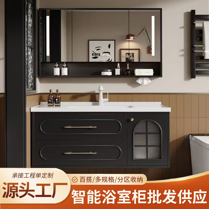 New Chinese-Style Retro Oak Bathroom Cabinet with Integrated Ceramic Basin, Pastoral Style Washbasin, Smart Mirror Cabinet