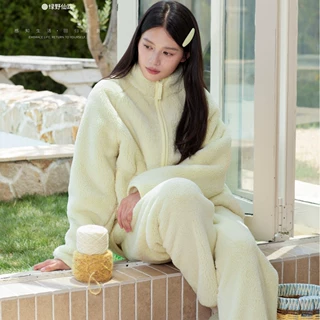 900珂希卡新款睡衣女冬季加绒加厚珊瑚绒保暖家居服立领拉链套装