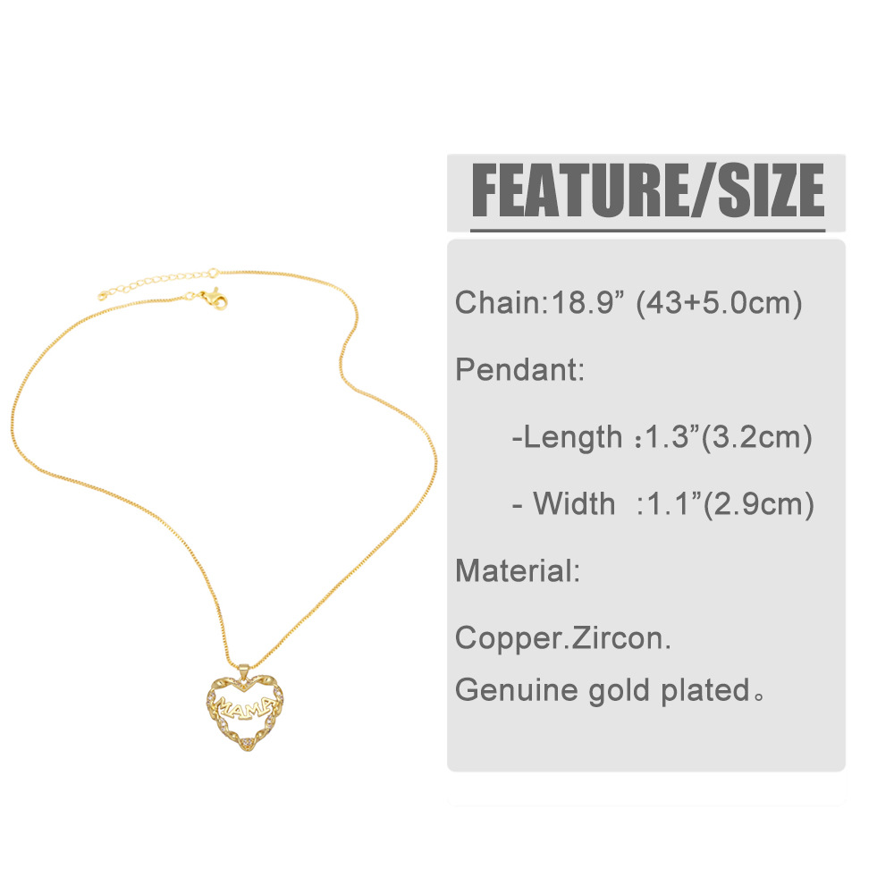 Fashion Mama Hollow Heart Shaped Letter Mom Inlaid Zircon Copper Pendant Necklace display picture 1