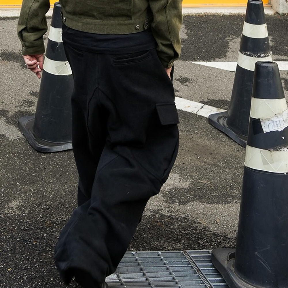 FAR OVERSIZED CARGO perfilado bolsillo grande pantalon suelto rodilla pliegue recto pantalones casuales negros