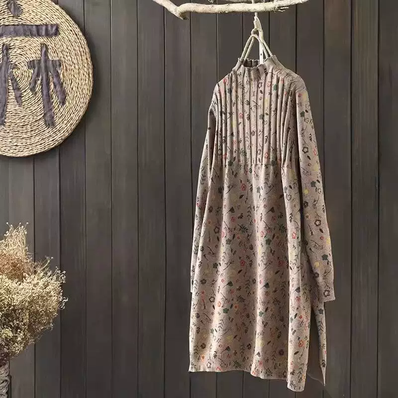 Ретро-платье-свитер с воротником-стойкой, осень 2025, средней длины, свободного кроя, больших размеров, хлопковый трикотаж для ношения под одеждой
