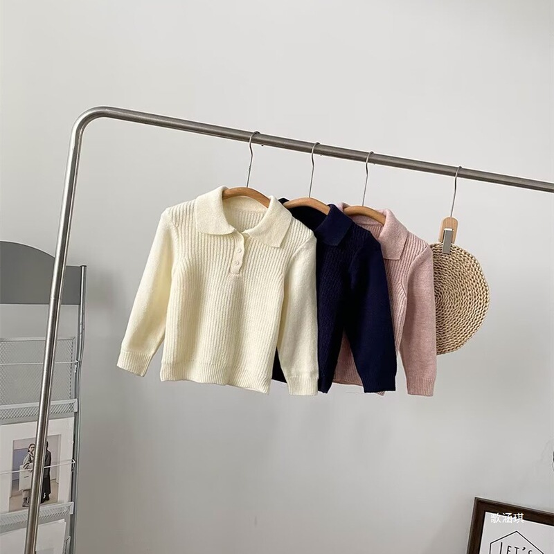 Autumn 2025 Girls Solid Color Soufflé Polo Collar Sweater 480087 Autumn 2025 Girls Solid Color Soufflé Polo Collar Sweater 480087