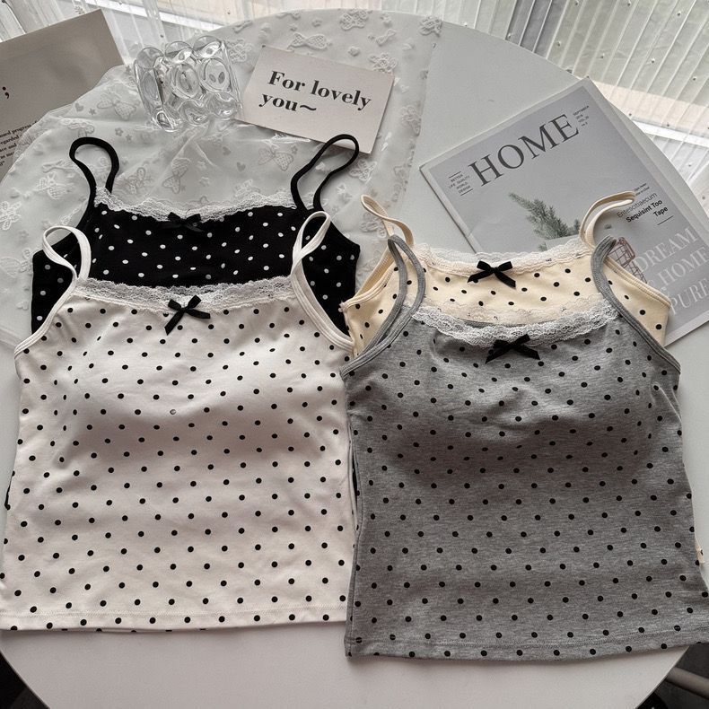 With Chest Pad Polo Dot Lace Bow Pure Camisole Women's Inner Wear Outer Wear Sweet and Hot Design Niche Top