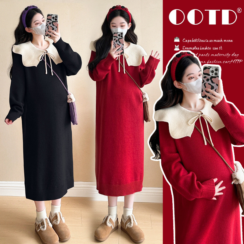 Pregnant women's autumn and winter sweater dress new online popular fashion small fragrance lace-up age-reducing Christmas festive dress Pregnant women's autumn and winter sweater dress new online popular fashion small fragrance lace-up age-reducing Christmas festive dress