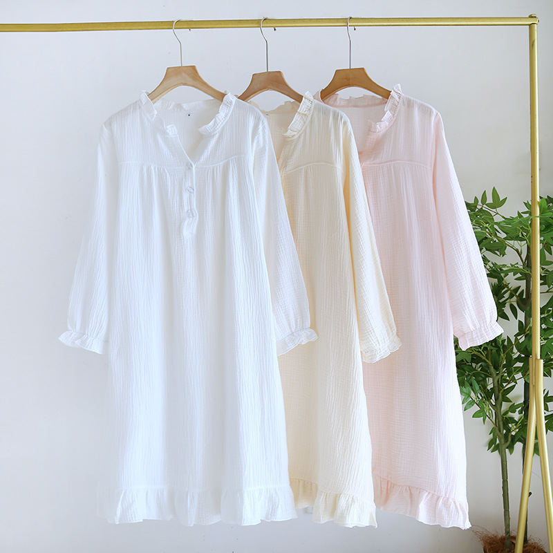 Crepe Pure Cotton Nightgown Spring Summer and Autumn Mid-length Long-sleeved Double-layer Gauze Pure Cotton Women's Dress Home Clothes Pajamas