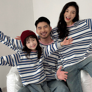 Retro Stripesd Contrasting Collar Round Neck Family T-Shirt Korean Style Loose Sports Top Street Mother-Daughter Wear