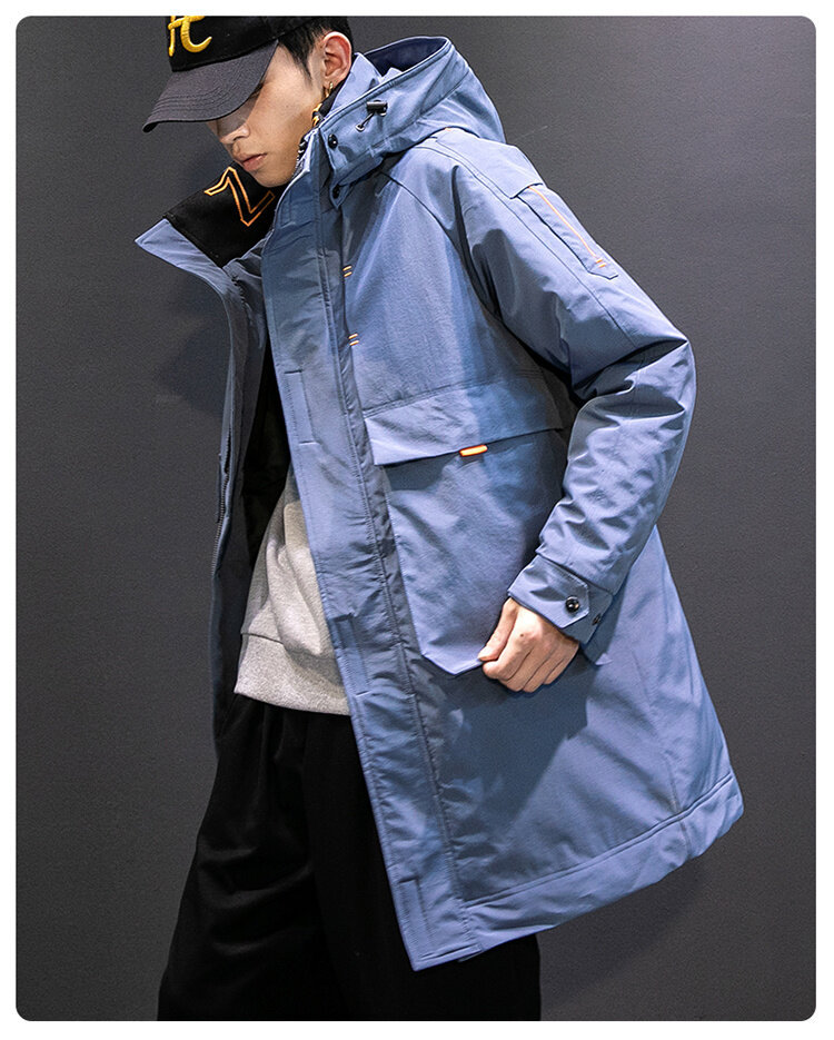 Men's Long Winter Workwear Down Jacket With Hood, Lightweight Warm Parka Coat For Cold Weather, Water-Resistant Polyester Shell, Machine Washable_voghion.com