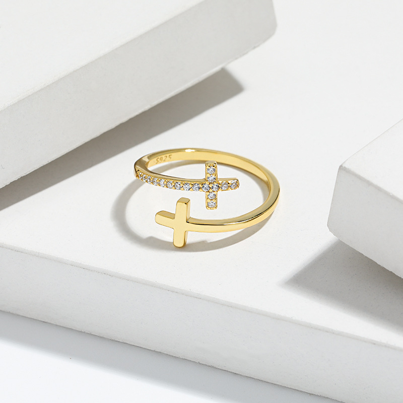 925 Sterling Silver Material 1 Piece 925 Sterling Silver Cross Zircon Open Rings Rings