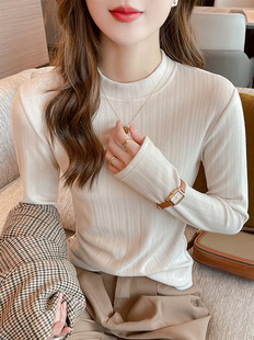 Carefully selected small stand-up collar coconut velvet bottoming shirt for women in autumn and winter, brushed inner, slim-fitting mid-collar long-sleeved top that can be worn outside with a T-shirt