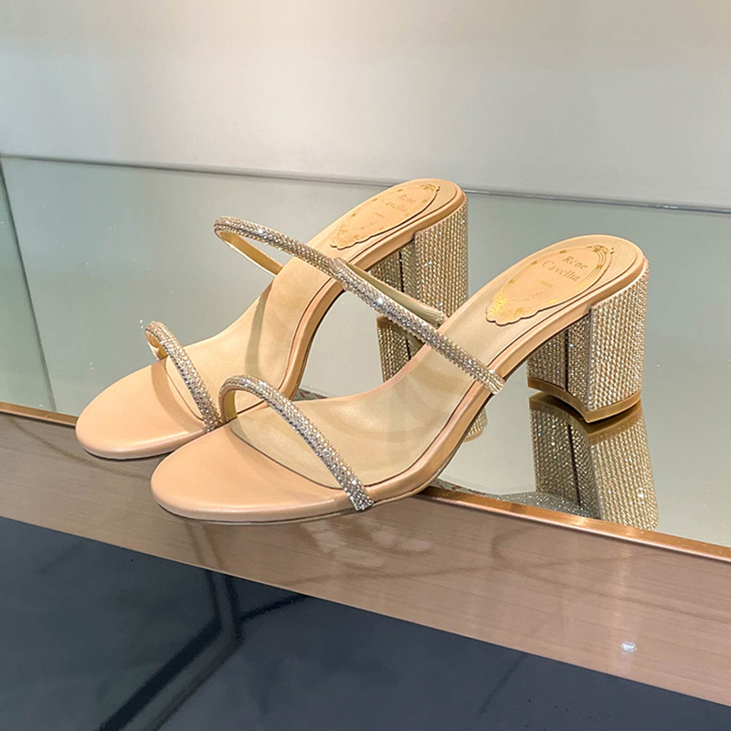 High-Heeled Sandals 2025 Spring/Summer New Style Rhinestone Chunky Heel Single Strap Open-Toe Sandals Trendy High-Value Sandals