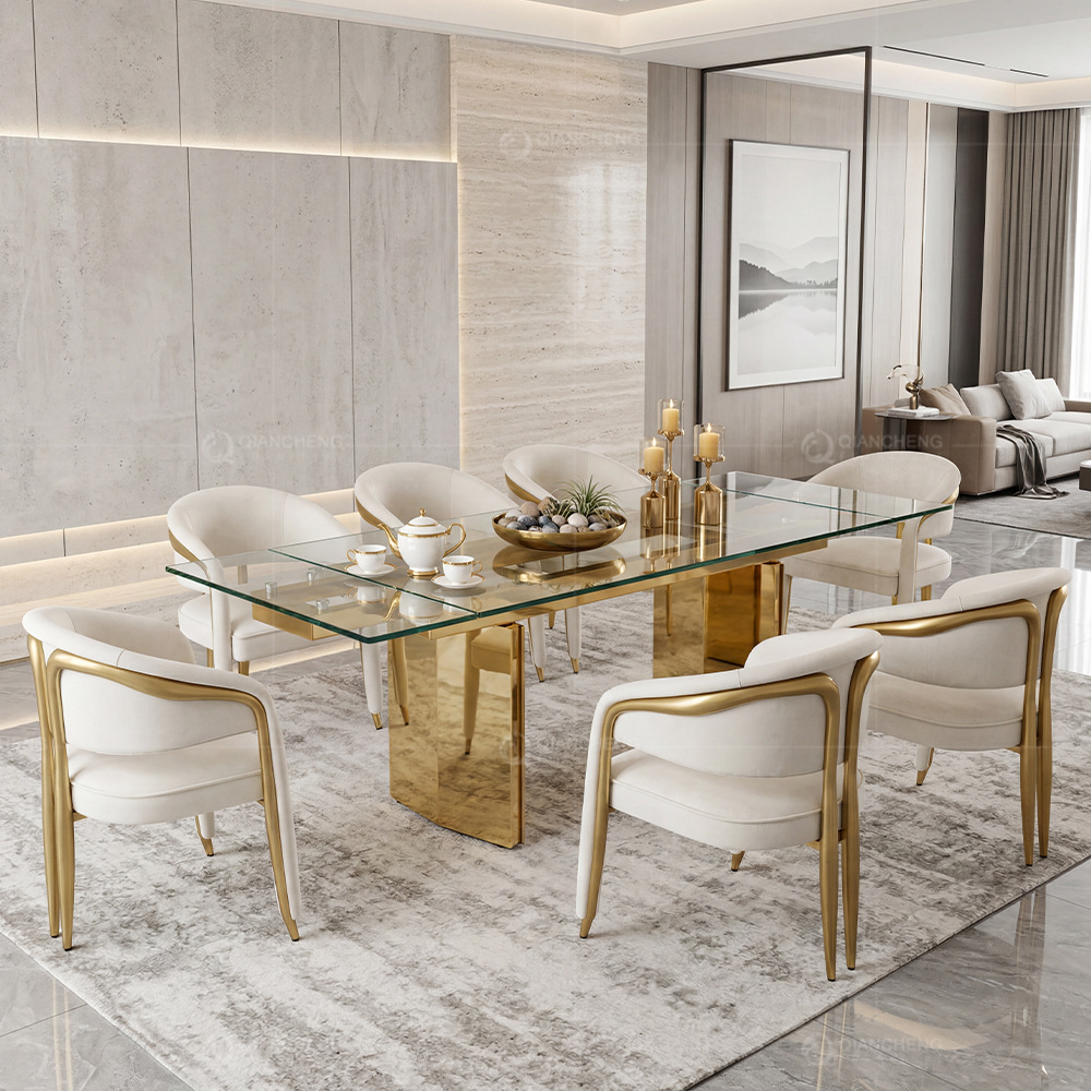 Mesa de Comedor Extensible de Vidrio Templado y Acero Inoxidable para Hotel y Restaurante