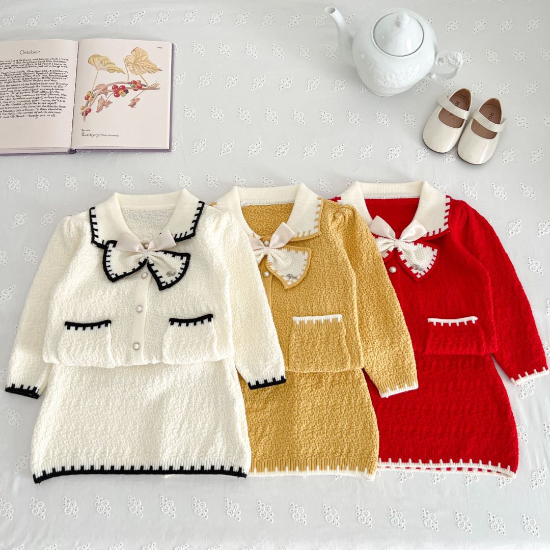 Bär 2024 höst/vinter ny liten flicka söt rosett halvkjol stickad doftande cardigan för barn_voghion.com