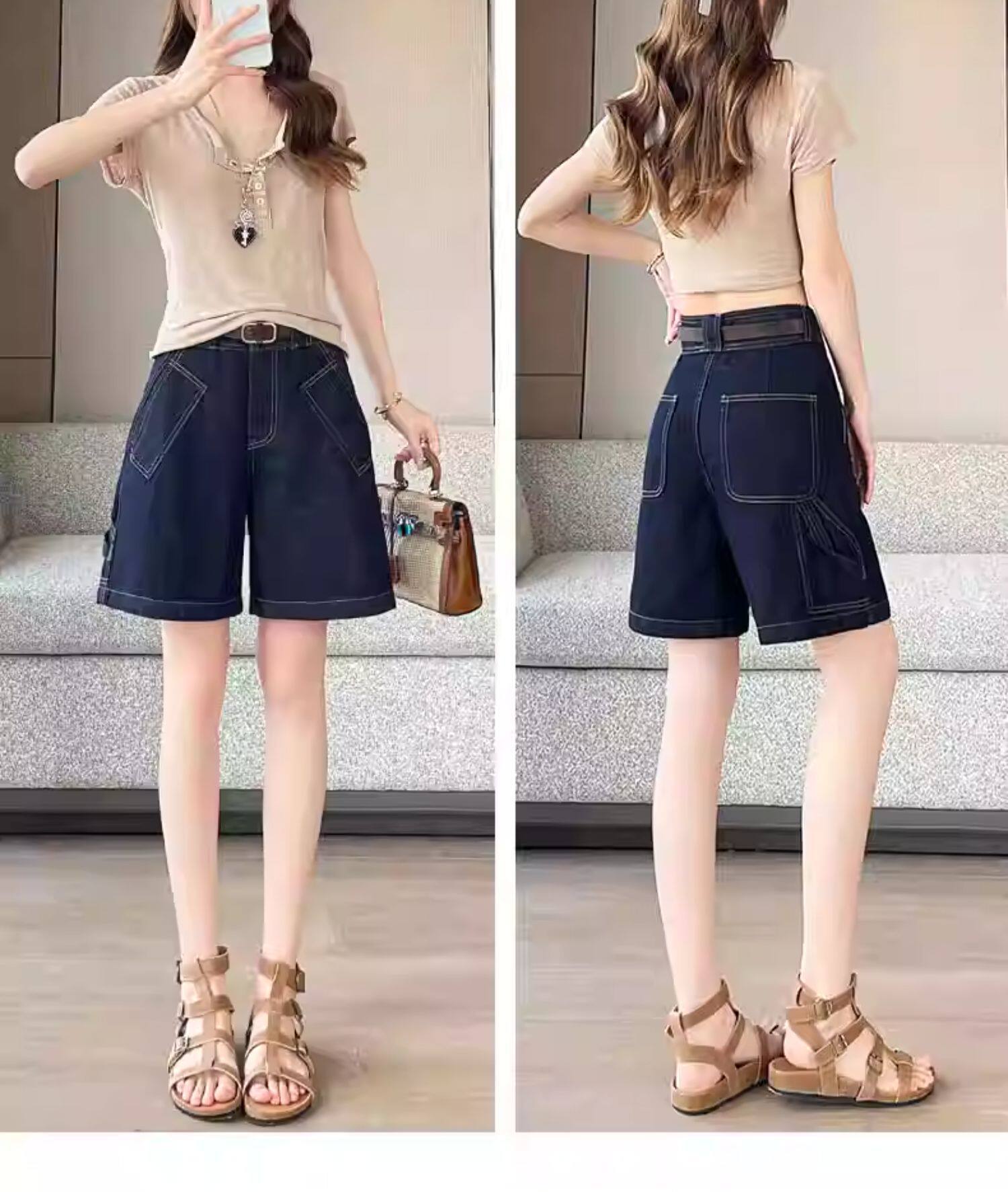 Quần jean nữ ống rộng cạp cao dáng suông — Trắng với vành đai chi tiết 11