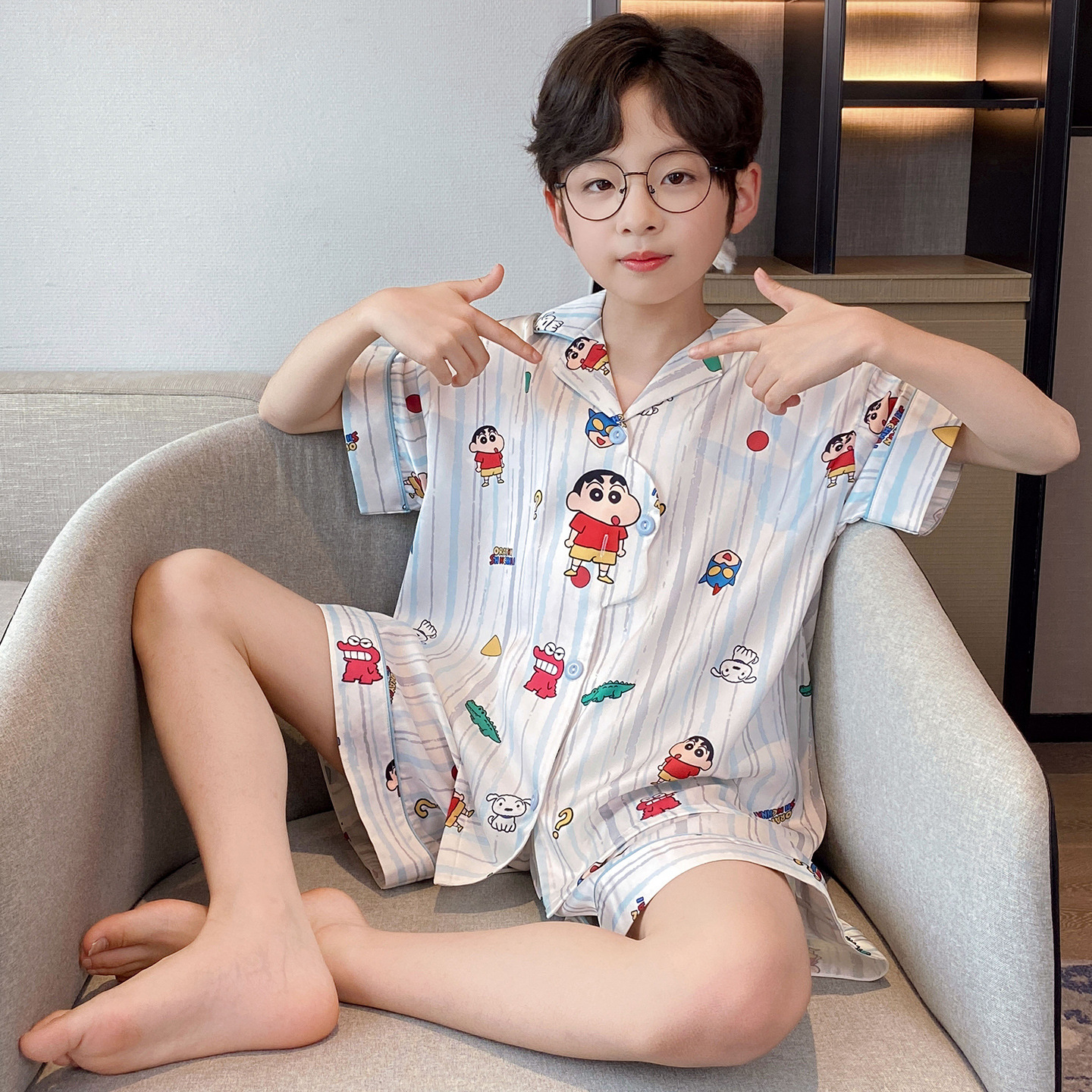 新款小男孩开衫短裤男童夏冰丝儿童短袖家居服中大童两件套睡衣