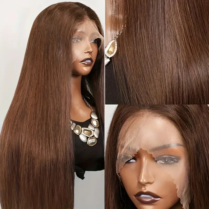 Parrucca lunga liscia con base in pizzo, castana, con capelli sintetici a copertura totale, extension per capelli alla moda e popolari._voghion.com