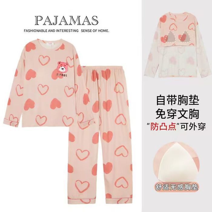 Pijamas al por mayor transfronterizos primavera y otoño dibujos animados hoodie corbata redonda almohadilla de pecho algodón pantalones largos de manga larga ropa para el hogar suelta