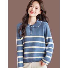 思8628毛衣女2025新款秋装翻领套头条纹打底针织衫洋气减龄上衣
