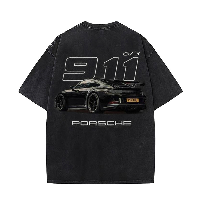 Trendy Brand Porsche Digital Print Short-Sleeved T-Shirt Summer Unisex Washed Loose Street Fashion Top