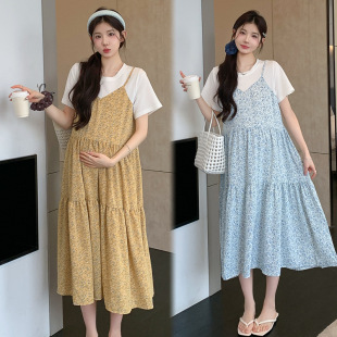 Maternity Dress 2025 Summer New Fashion Mid-Length Loose Fake Two-Piece Floral Skirt to Cover the Pregnant Belly