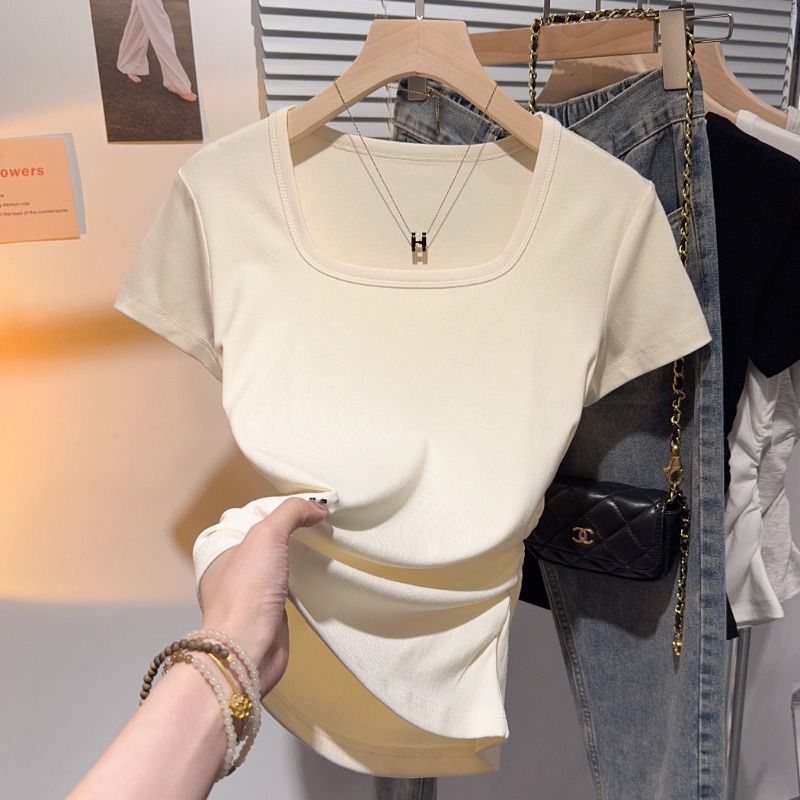 살구 - 스퀘어 넥 반소매 플리츠 솔리드 컬러