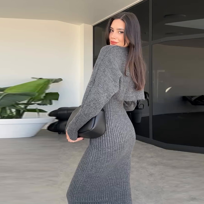 2025 nuevo comercio exterior transfronterizo de Europa y Estados Unidos botones de ropa de mujer de punto temperamento de moda temperamento de color sólido conjunto de vestido