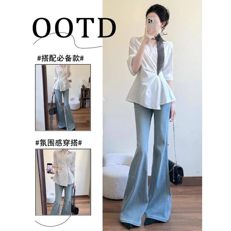 Summer Korean-Style Outfit: White V-Neck Shirt for Women, French-Style Twist Shirt, Elegant Workwear, Slightly Flared Jeans Set