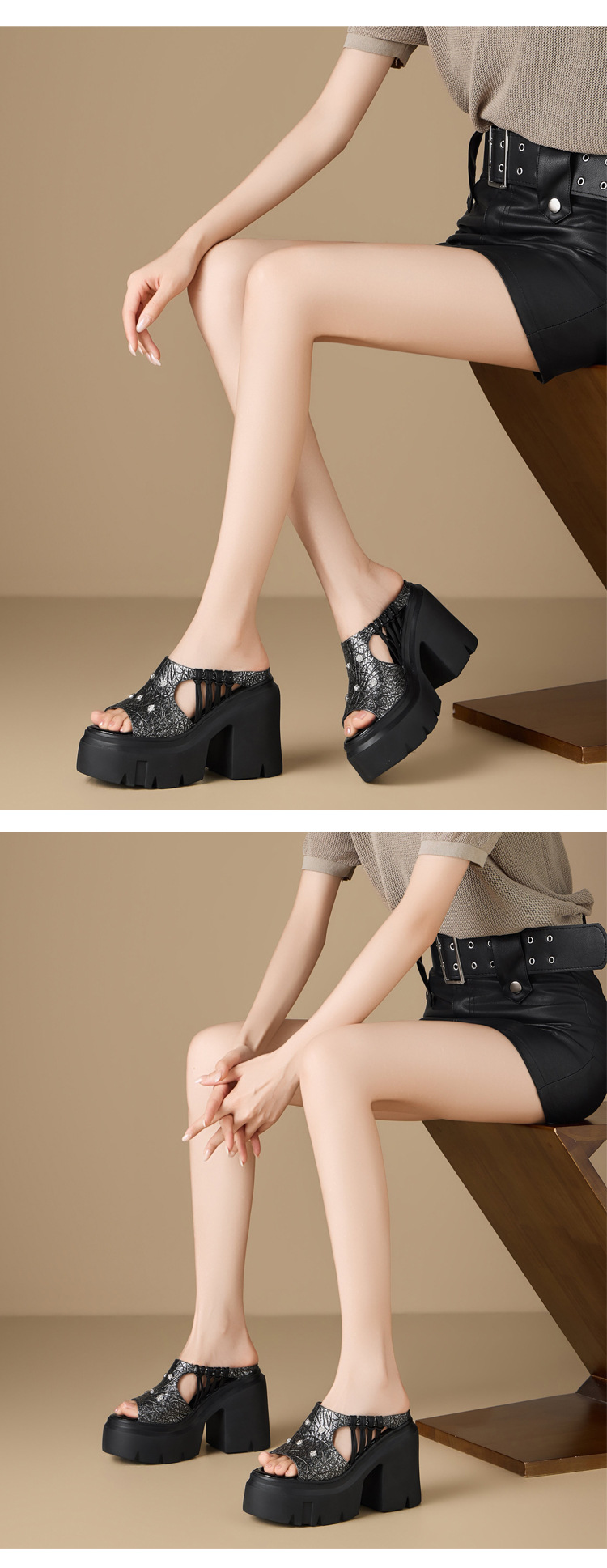 Dép sandal nữ quai chữ V đan da bò, gót vuông 12 cm, đế dày, phong cách tối giản — màu đen chi tiết 6
