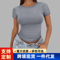 クロスボーダー卸売 2025 外国貿易人気のヨーロッパとアメリカの夏の Tシャツボトリングシャツ女性のハイエンドラウンドネック半袖婦人服
