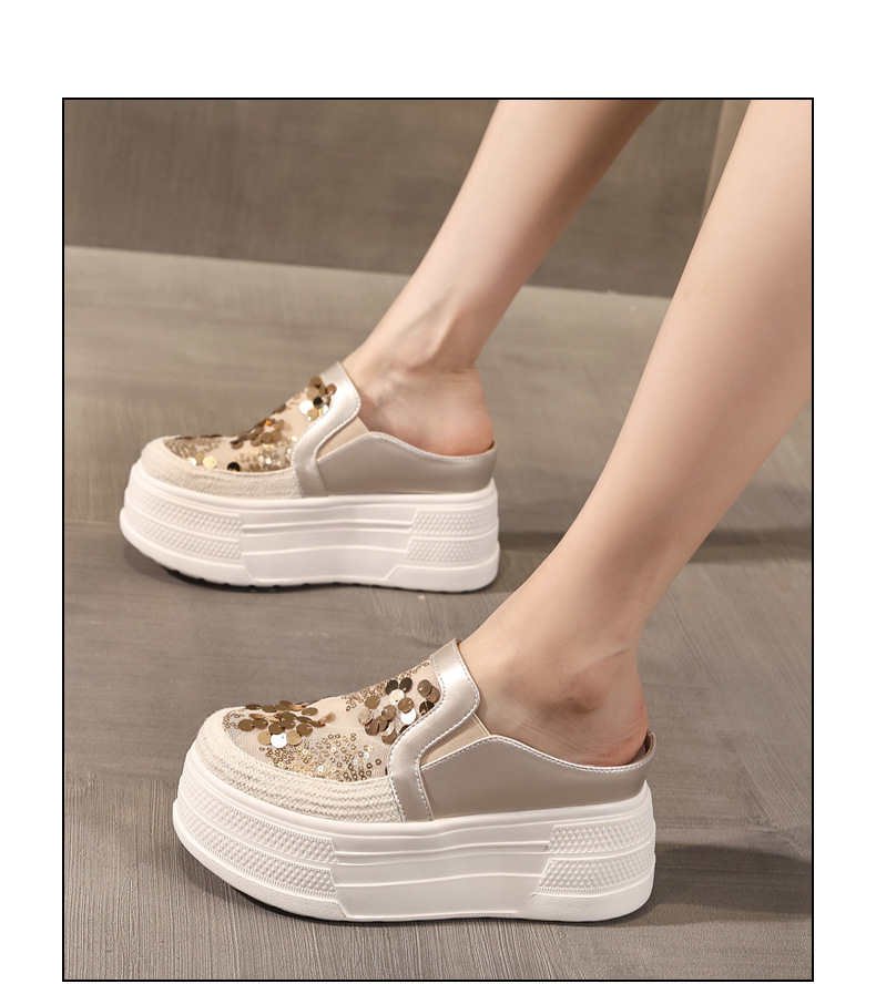 Giày sneaker nữ đế dày tăng chiều cao, kiểu lười một chân, mũi trùm, phối sequin, mùa hè 2026 — màu vàng, bạc chi tiết 15