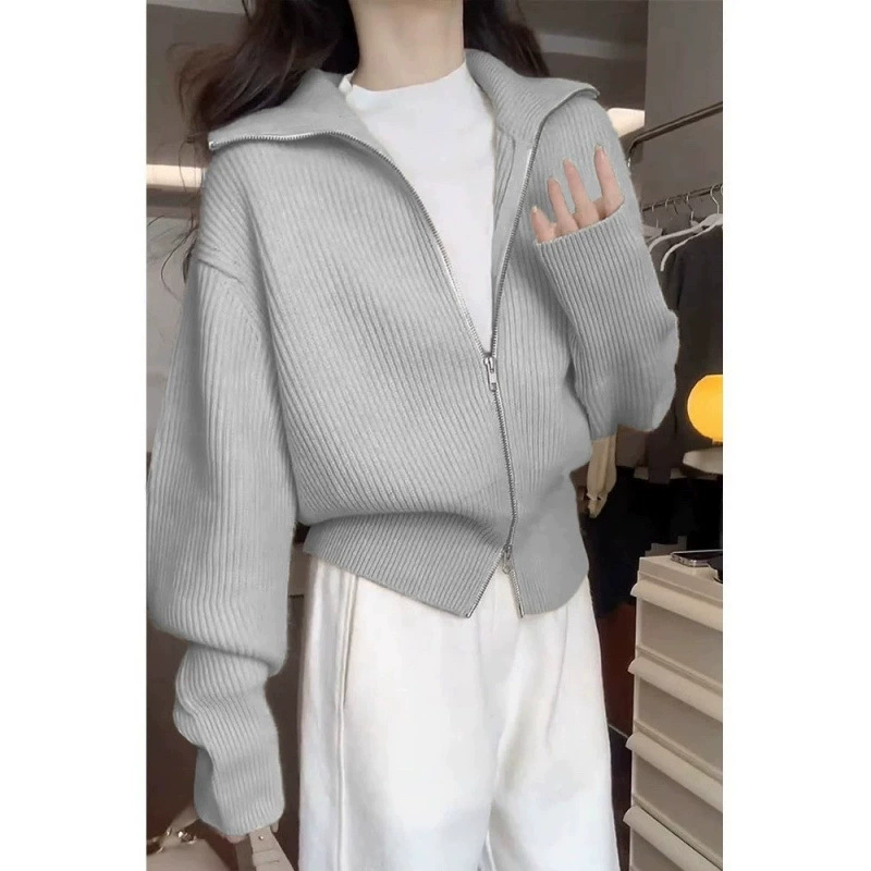 Вязаный демисезонный кардиган с молнией, белый свитер, куртка, oversize, увеличение толщины