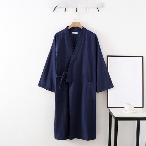 Washable Ramie Cotton Long Sleeve Robe Bath Robe Home Wear