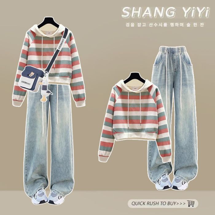 Fashion Suit # Thin Hooded Striped Sweatshirt Paired with High-Waisted Straight Retro Elastic Waist Drawstring Jeans