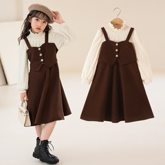 Girls' Dress 2023 Spring and Autumn New Children Retro Fashion Princess Dress for Older Children with Color-blocked Pencil Skirt