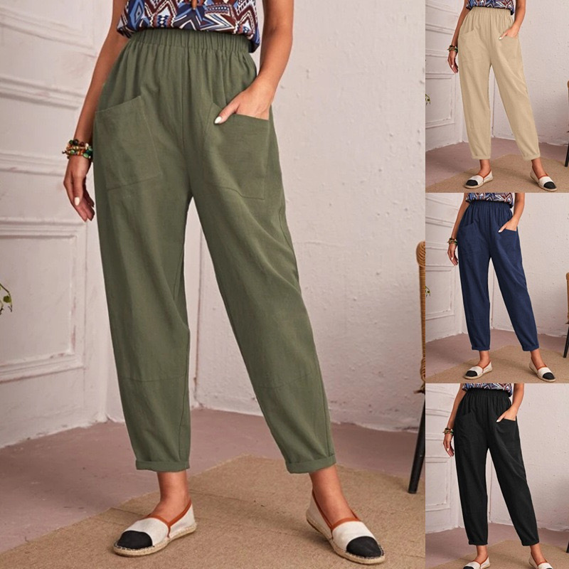 2023 Amazon Independent Station Women's New Nine-point Pants Cotton and Linen Pure Color Flap Pocket Pants Elastic Waist Casual Small Leg Pants