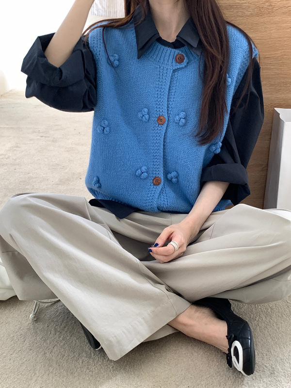 薇颂服饰秋装女装新款百搭叠穿勾花马甲女单排扣外穿无袖针织上衣|undefined