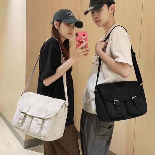 Canvas shoulder bag, men's straddle bag, casual Japanese mailman bag, women's simple retro student cross-body bag, men's cloth bag