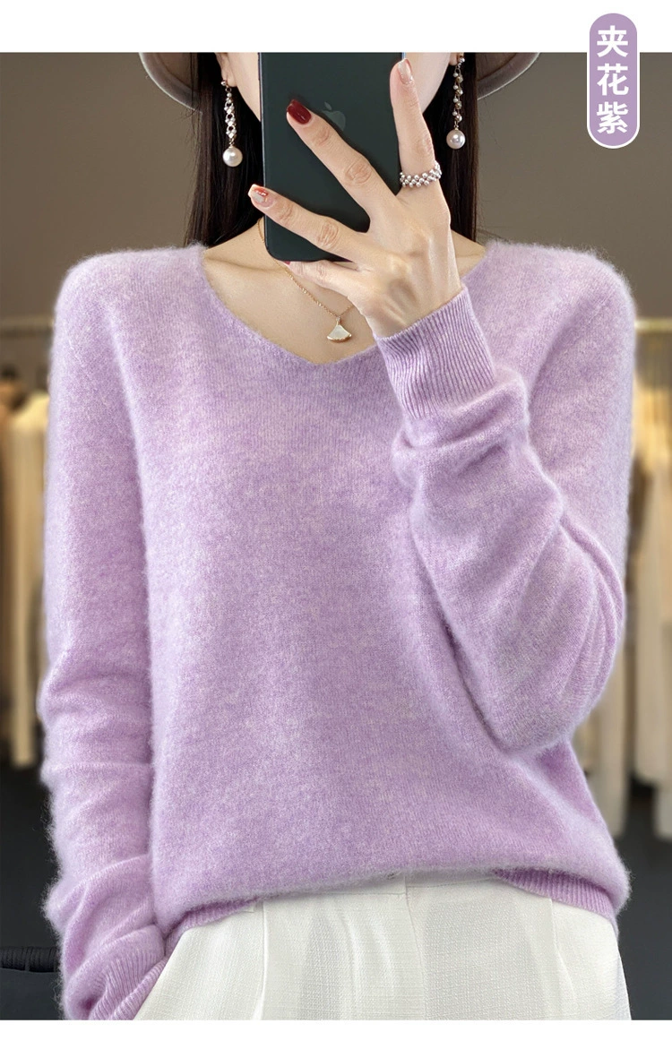 Вязаный свитер с V-образным вырезом, oversize, женский демисезон 100% шерсть, свободный покрой