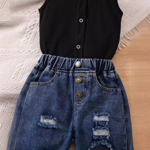 European and American cross-border children's clothing: girls' summer striped solid color sleeveless off-shoulder pullover with ripped denim long pants two-piece set