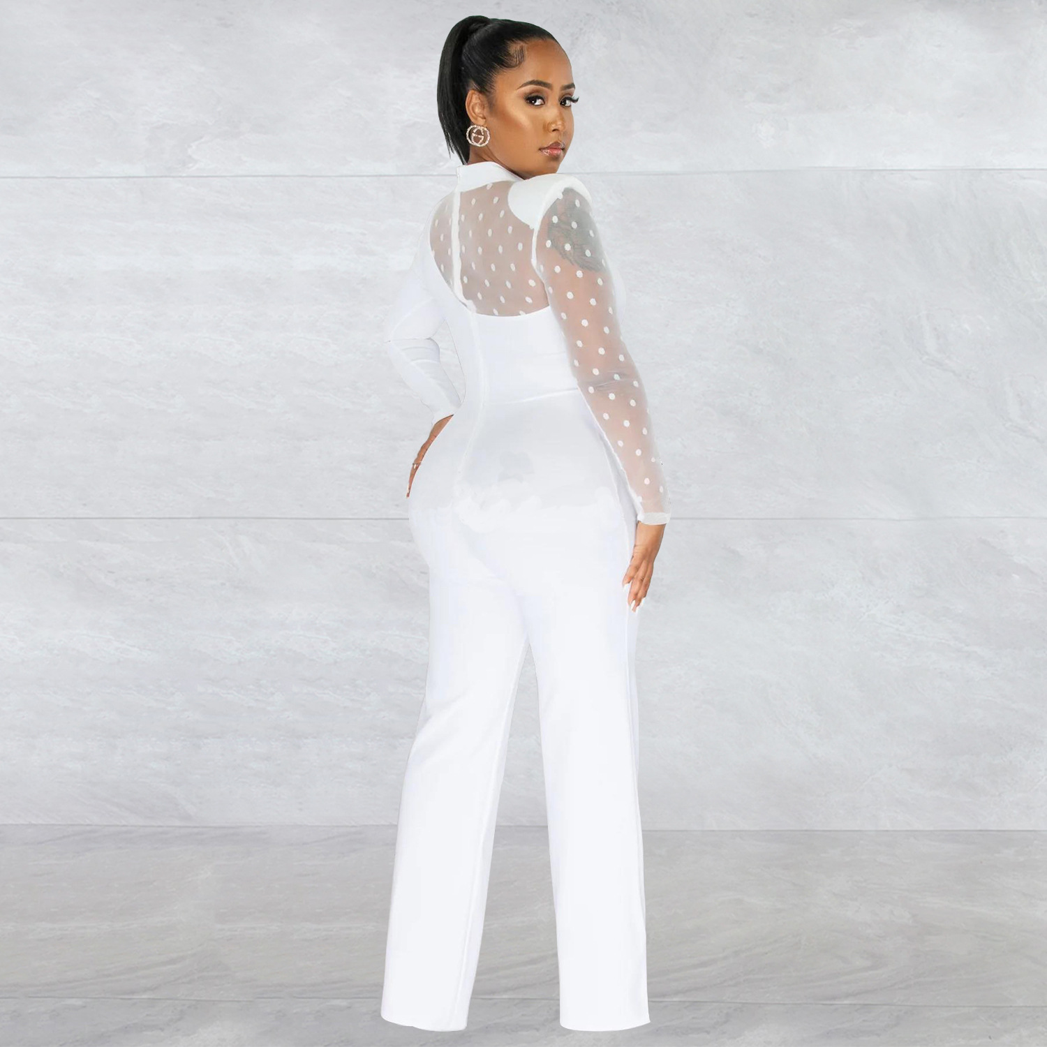 Women's Clothing fashion women's polka dot mesh see-through long-sleeved trousers solid color jumpsuit_voghion.com